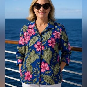 Chico’s 100% Linen Floral Button Front Jacket Shirt Blue Pink Hibiscus Size L